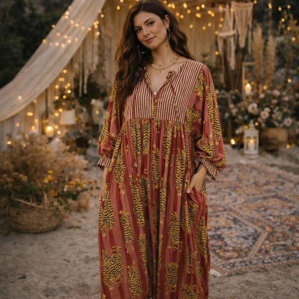 Indian Tiger Maxi Dress Women Small Pink Peach Stripes Bohemian Oversize Pockets